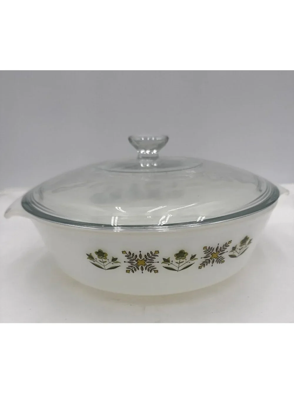 Fire-King Anchor Hocking 2 Qt White Milk Glass Casserole Dish Lid Floral Pattern